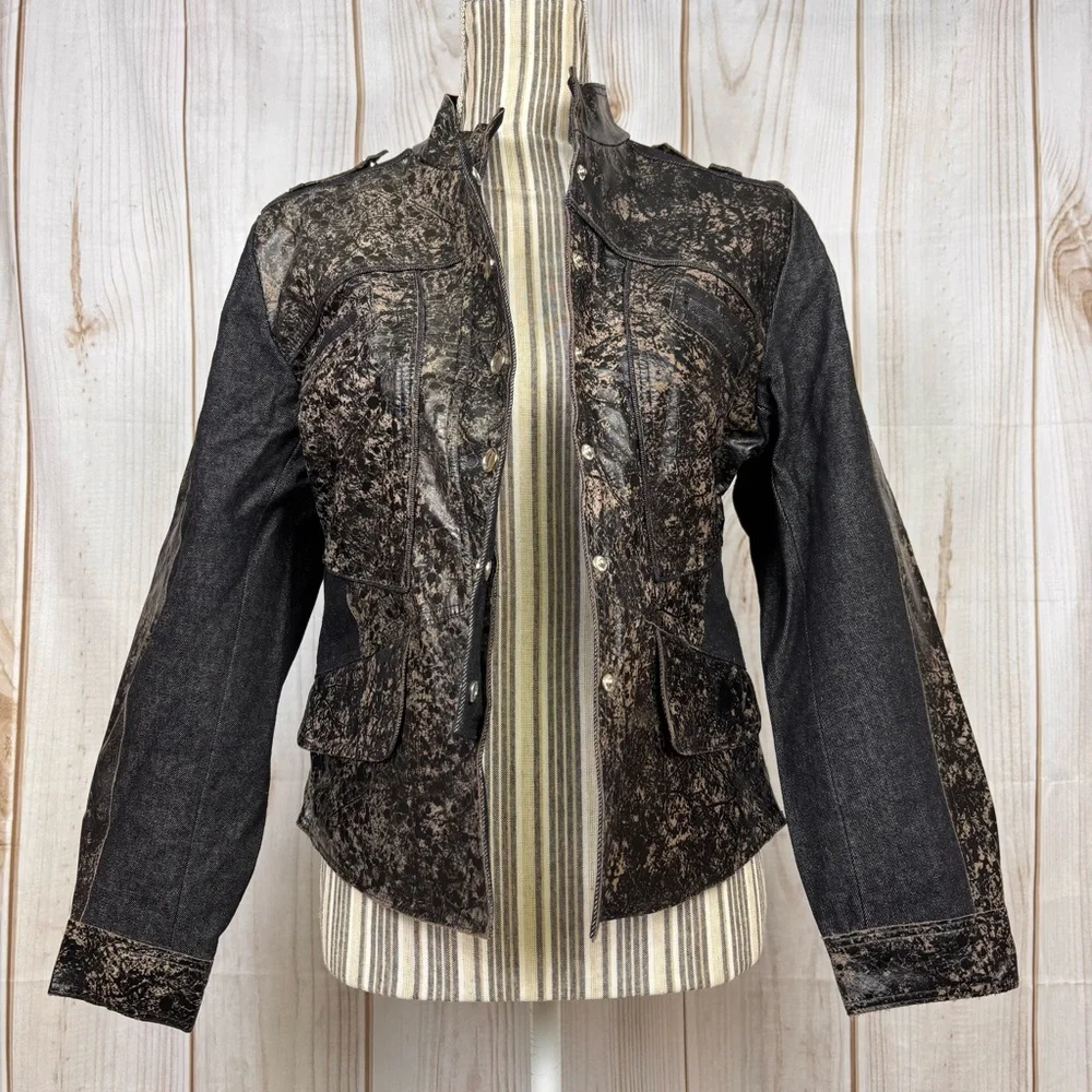 H&D Classic Distressed Leather Denim Moto Jacket Snaps Dressy Casual Biker Large - Picture 12 of 15